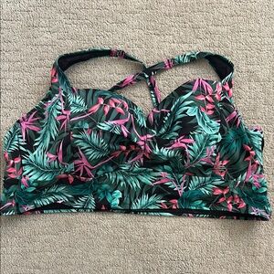 Torrid Leaf Print Swim Top with Pink and Green Accents